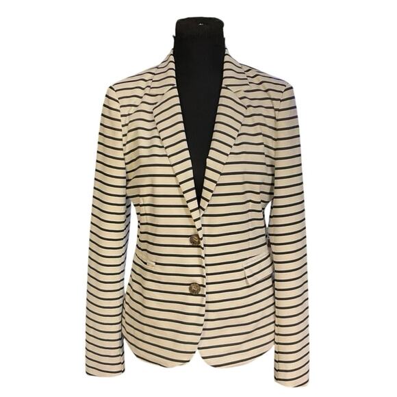 Allegra K Black and Cream Striped Two Button Long Sleeve Blazer Size M - Picture 1 of 9